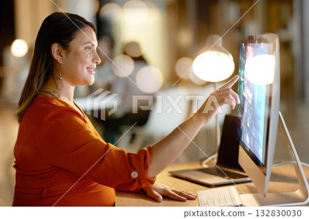 Web design, connection and pregnant woman with a computer hologram for research at night. 3d coding, analytics and programmer typing on a holographic screen from a pc for programming and development 132830030