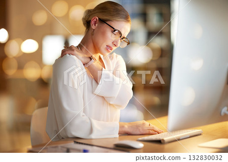 Night, employee and woman shoulder pain, stress and overtime for business deal, startup and deadline. Leader, female manager and entrepreneur with injury, tired and bruise in office and working late 132830032