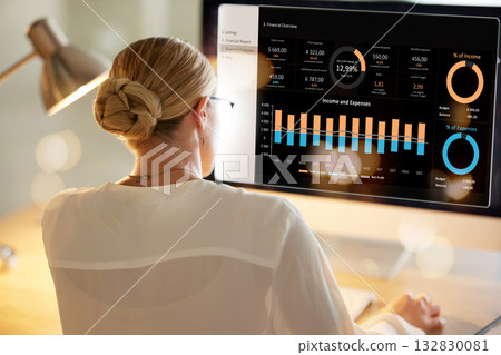 Business woman, screen or computer data analytics in night office for financial planning, company budget or startup accounting. Chart, graph or infographic on technology for finance worker in evening Business woman, screen or computer data analytics in night office for financial planning, company budget or startup accounting. Chart, graph or infographic on technology for finance worker in evening 132830081
