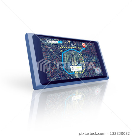 Tablet, screen or location search to travel on digital global road maps or direction route on white background. Mockup, worldwide or mobile app ux display of journey trip, navigation or virtual guide 132830082