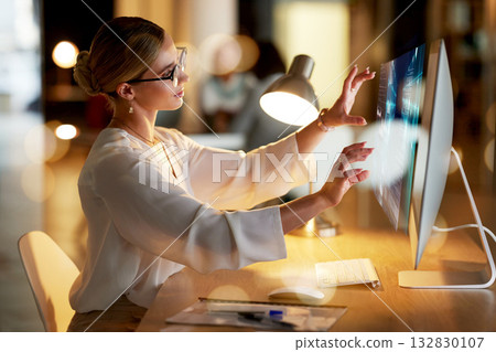 Woman, computer or hologram screen touch in night office, finance planning or investment management analytics. Business, hands or digital transformation interface on technology for future 3d fintech 132830107