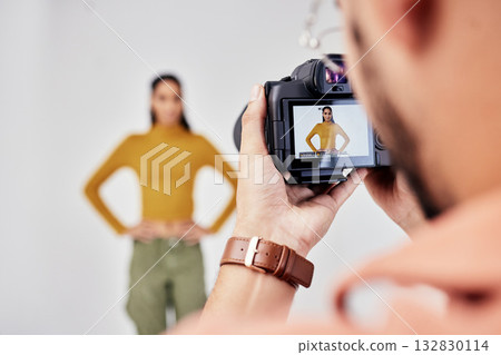Camera, photography and photographer with woman fashion model in studio for creative, advertising and image. Media, backstage and professional man with girl and equipment for photoshoot capture 132830114