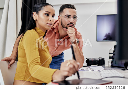 Photography edit, production check and collaboration of creative design employee after photoshoot. Studio. teamwork and magazine shoot planning of photographer agency workers with communication 132830126