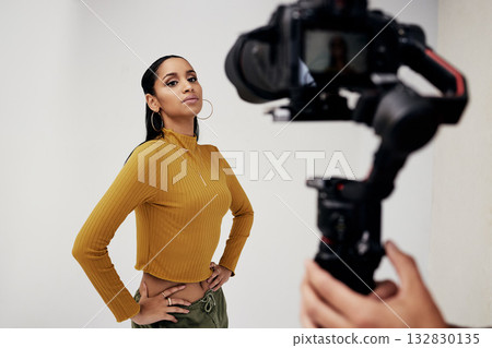 Photography, woman and cameraman or photographer with fashion model in studio for creative, capture and shoot. Media, backstage and professional man with camera, equipment and girl for photoshoot Photography, woman and cameraman or photographer with fashion model in studio for creative, capture and shoot. Media, backstage and professional man with camera, equipment and girl for photoshoot 132830135