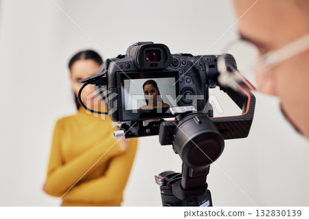 Photography, woman and photographer shoot fashion model in studio for creative, advertising and image. Media, backstage and professional man with girl and photoshoot, equipment and camera capture 132830139