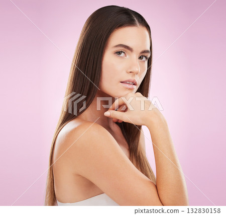 Woman, hair care beauty and studio portrait for smile, wellness or cosmetics for skin glow by pink background. Young gen z model, makeup girl or cosmetic skincare for shine with healthy aesthetic Woman, hair care beauty and studio portrait for smile, wellness or cosmetics for skin glow by pink background. Young gen z model, makeup girl or cosmetic skincare for shine with healthy aesthetic 132830158