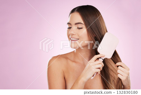 Beauty, woman and smile, hair care and brush, skin glow with skincare, face and dermatology on pink background. Keratin treatment, shine and natural cosmetics with hands, hairstyle and mockup space Beauty, woman and smile, hair care and brush, skin glow with skincare, face and dermatology on pink background. Keratin treatment, shine and natural cosmetics with hands, hairstyle and mockup space 132830180
