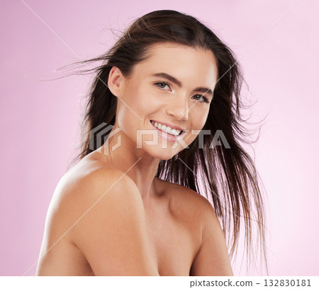Hair, beauty and woman, happy in portrait and face with skincare and keratin treatment on pink background. Cosmetics shine, grooming and hairstyle, skin glow with female, cosmetic haircare and smile Hair, beauty and woman, happy in portrait and face with skincare and keratin treatment on pink background. Cosmetics shine, grooming and hairstyle, skin glow with female, cosmetic haircare and smile 132830181