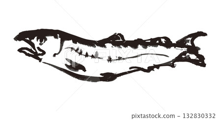 鮭魚墨畫插圖 132830332