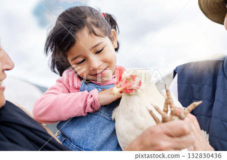 Farm, agriculture and girl and chicken in countryside for farming, livestock and agro. Sustainability, family and child with grandparents and bird for protein, animal produce and eco friendly ranch Farm, agriculture and girl and chicken in countryside for farming, livestock and agro. Sustainability, family and child with grandparents and bird for protein, animal produce and eco friendly ranch 132830436