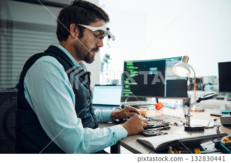 Information technology, motherboard circuit and man repair computer hardware, electronics or semiconductor chip. CPU system maintenance, service industry or IT specialist fixing microchip in tech lab 132830441