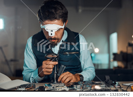 Technician, engineer and IT professional repair motherboard, microcircuit or electronic device in a workshop or shop. Person, man and guy fixing hardware of a computer for technology in a lab Technician, engineer and IT professional repair motherboard, microcircuit or electronic device in a workshop or shop. Person, man and guy fixing hardware of a computer for technology in a lab 132830442