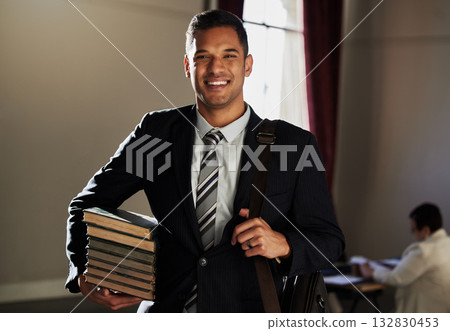 Legal books, portrait smile and lawyer research law firm, happy office management or justice learning study. Financial advisor, knowledge and Mexico government man, consultant or attorney education 132830453