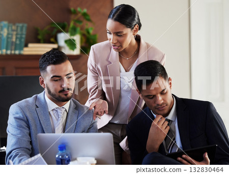 Business meeting, consulting and collaboration on laptop with teamwork for legal strategy in an advocate office. Lawyer group with tech in a brainstorming, planning with innovation for court case or 132830464