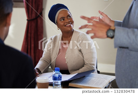 Religion, bible study and black woman Christian learning about God, Lord and Jesus in an office with church leader. Happy, holy and spiritual female studying to worship and praise for faith 132830478