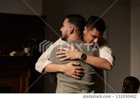 Friends, support group hug and men counseling for drug abuse and mental health problem. Empathy, psychology workshop and therapy session together in a circle for team building with care and help Friends, support group hug and men counseling for drug abuse and mental health problem. Empathy, psychology workshop and therapy session together in a circle for team building with care and help 132830482