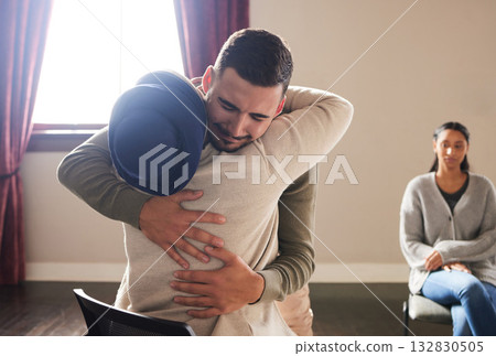 Support by woman hug a crying man for comfort, grief and care after bad news or problems in a home or house. Cancer, sad and depression by people hugging for empathy, love and hope together Support by woman hug a crying man for comfort, grief and care after bad news or problems in a home or house. Cancer, sad and depression by people hugging for empathy, love and hope together 132830505