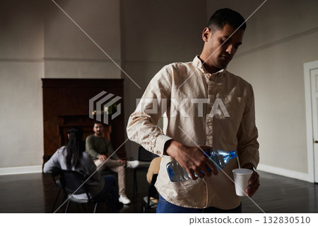 Support, counseling and therapy for group with depression, anxiety and mental health issues in consultation room. Rehab, cancer and aa, addiction and counselling for grief, divorce or mental illness 132830510