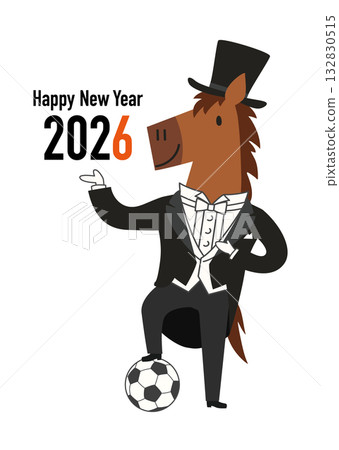 新年賀卡向量插圖，描繪了一匹馬踩在足球上擺姿勢的場景。 132830515