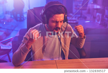 Winner, wow or man gamer success fist with microphone celebrating game win and motivation. Happy, cheering or esport player celebration for online competition, excited with progress and achievement Winner, wow or man gamer success fist with microphone celebrating game win and motivation. Happy, cheering or esport player celebration for online competition, excited with progress and achievement 132830517