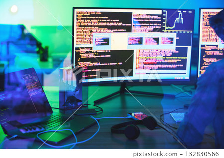 Developer, code or computer screen in neon programming, cybersecurity ransomware or SEO night phishing in basement. Hacker, programmer or woman on technology coding for dark software, iot bug or scam Developer, code or computer screen in neon programming, cybersecurity ransomware or SEO night phishing in basement. Hacker, programmer or woman on technology coding for dark software, iot bug or scam 132830566