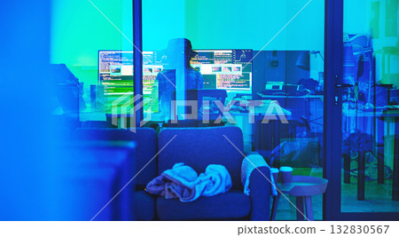 Programmer, back or computer screen in neon programming, cybersecurity ransomware or SEO night phishing in basement. Hacker, developer or woman on technology coding for dark software, iot bug or scam 132830567