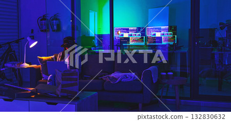 Hacker, cyber security and code with woman, dark with computer screen and hacking, digital scam with technology abstract. Firewall, neon and crime with female, programming and malware with virus 132830632