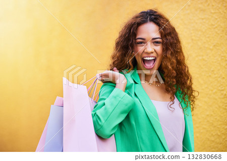Shopping bag, portrait and wow of woman winning, success and promotion sale isolated on wall background. Retail, fashion and excited winner, funky model or black person for clothes celebration mockup Shopping bag, portrait and wow of woman winning, success and promotion sale isolated on wall background. Retail, fashion and excited winner, funky model or black person for clothes celebration mockup 132830668