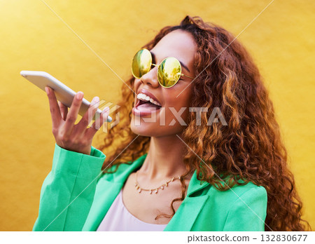 Audio message, conversation and woman on a phone call for communication, connection and chat. Voice assistant, record and girl speaking through a mobile for discussion and talking on a city wall 132830677