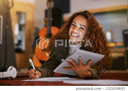 Black woman, portrait smile and tablet writing music in studio for audio track, content creation or development. Happy African American female song writer smiling for lyrics holding touchscreen 132830693
