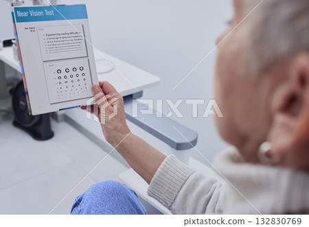 Senior woman, eye exam and vision for snellen test for nearsighted problem at optometrist consultation room. Elderly patient, healthcare or paper for eyes, reading or eyesight in retirement at clinic Senior woman, eye exam and vision for snellen test for nearsighted problem at optometrist consultation room. Elderly patient, healthcare or paper for eyes, reading or eyesight in retirement at clinic 132830769
