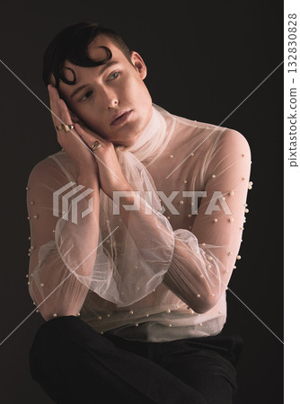 Gender neutral, fashion and Victorian aesthetic with designer clothing and faux pearls in studio. Isolated, black background and lgbtq or gay model with jewelry and creativity and non binary art Gender neutral, fashion and Victorian aesthetic with designer clothing and faux pearls in studio. Isolated, black background and lgbtq or gay model with jewelry and creativity and non binary art 132830828