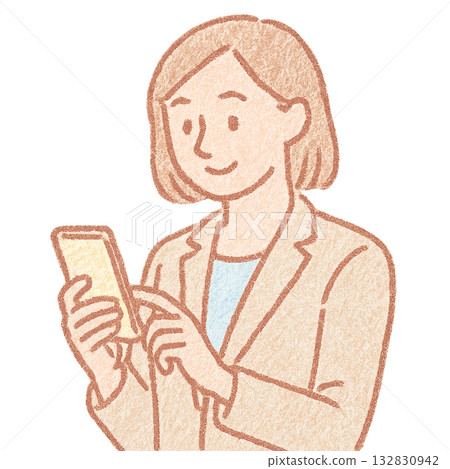 一幅女性使用智慧型手機的插圖，女性在商務場合使用智慧型手機，智慧型手機以水彩風格繪製。 132830942