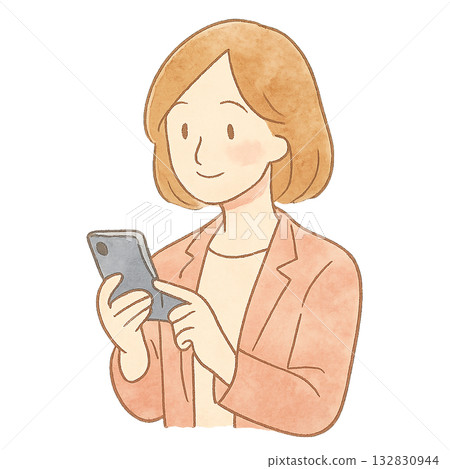 一幅女性使用智慧型手機的插圖，女性在商務場合使用智慧型手機，智慧型手機以水彩風格繪製。 132830944