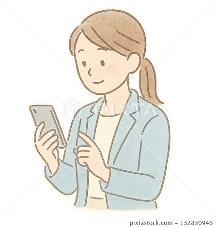 Illustration of a woman operating a smartphone, a woman using a smartphone in a business setting, a smartphone drawn in watercolor style 132830946