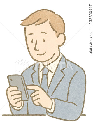 一幅描繪男子操作智慧型手機的插圖，男子在商務場合使用智慧型手機，智慧型手機以水彩風格繪製。 132830947