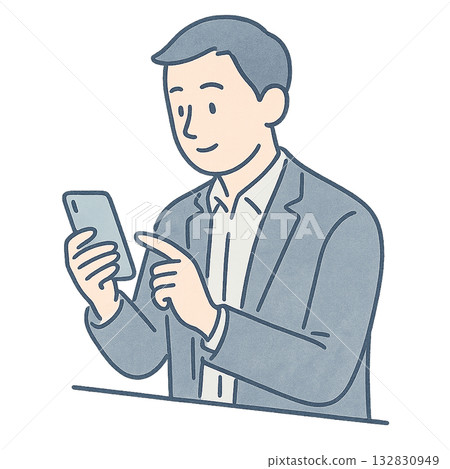Illustration of a man operating a smartphone, a man using a smartphone in a business setting, a smartphone drawn in watercolor style 132830949