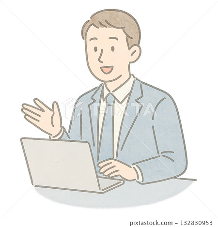 A man speaking at an online conference, explaining using a computer, a business presentation style illustration 132830953