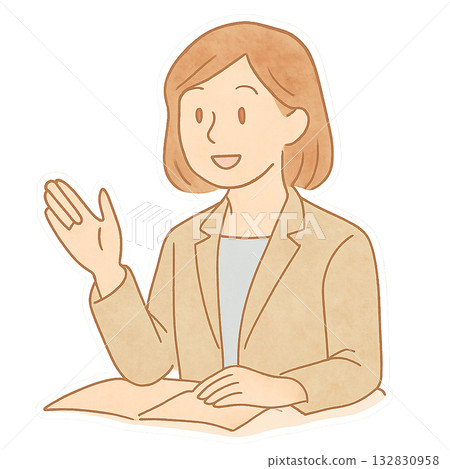 Illustration of a woman explaining at a meeting, a female business person explaining carefully, a gentle woman speaking in watercolor style 132830958