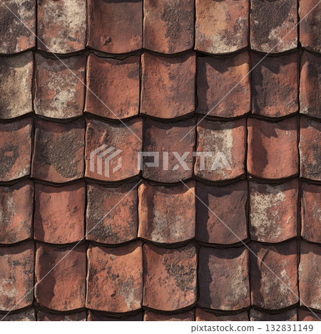 Photo of a seamless roof tile texture with overlapping dark red tiles 132831149