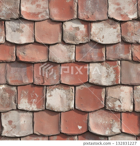 Photo of a seamless roof tile texture with worn-out terracotta tiles 132831227