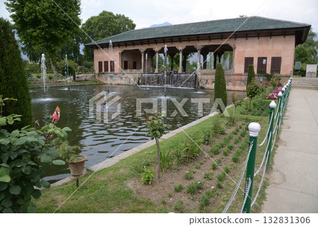 Shalimar Bagh is a beautiful Mughal garden in Srinagar, Jammu and Kashmir, India. It is a garden with fountains, ponds and various plants. 132831306