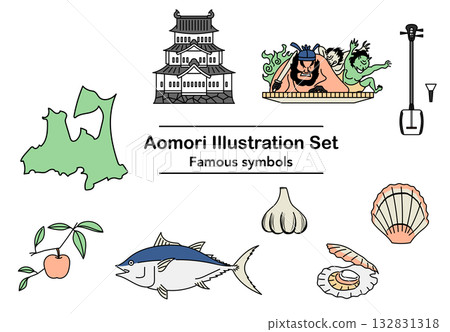 庫存插圖：青森縣特產和名勝古蹟插圖集 132831318