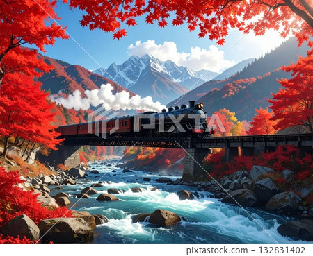 【AI生成圖像】插圖：火車穿過秋葉。 132831402