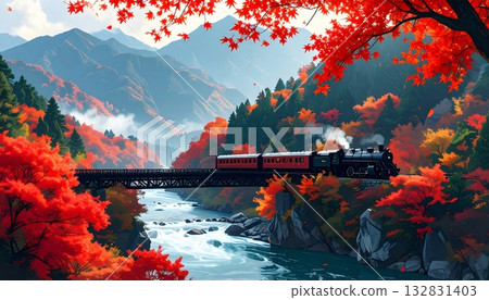 【AI生成圖像】插圖：火車穿過秋葉。 132831403