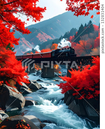 【AI生成圖像】插圖：火車穿過秋葉。 132831404