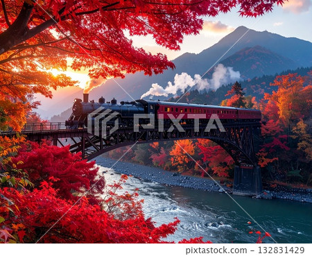 【AI生成圖像】插圖：火車穿過秋葉。 132831429