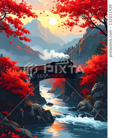 【AI生成圖像】插圖：火車穿過秋葉。 132831430