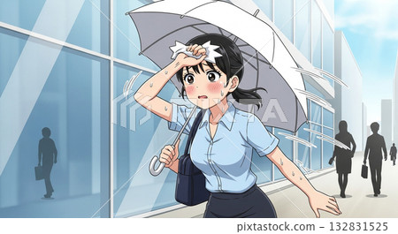 一位女商人撐著陽傘，匆匆走過。 132831525