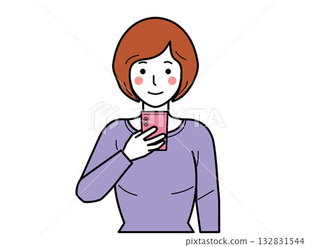 Facing forward. A young woman in a cut-and-sew top looking at her smartphone. Facing forward. A young woman in a cut-and-sew top looking at her smartphone. 132831544